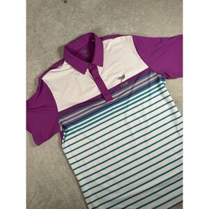 LARK Golf Polo Shirt Lg Purple Teal Pink Striped‎ Performance Snap Retro Vibe